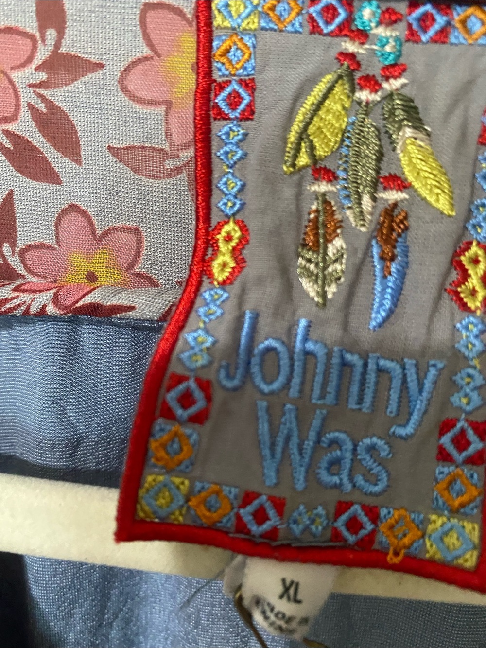 Johnny Was Navy Multicolor Embroidered Velvet-Panel Boho Long Sleeve Dress - Picture 6 of 13